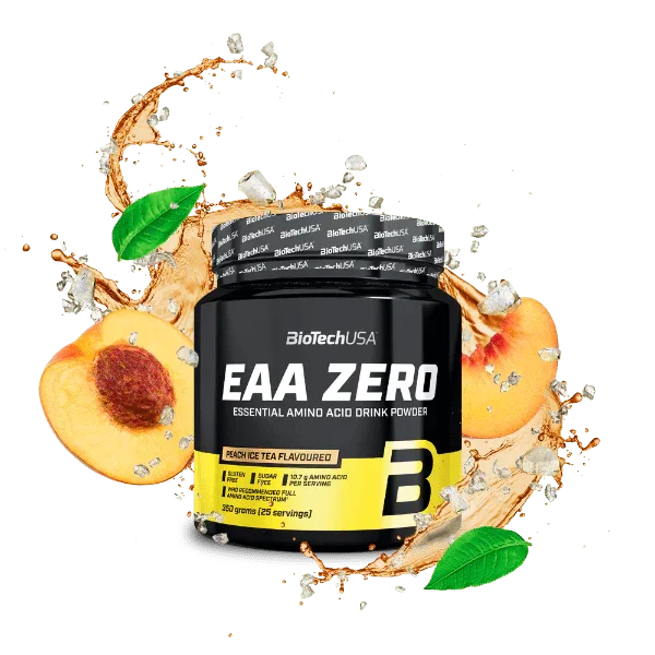 BioTechUSA EAA Zero Aminosäuren Pulver 350g, Peach Ice Tea Geschmack, mit Pfirsichen und Eiswürfeln