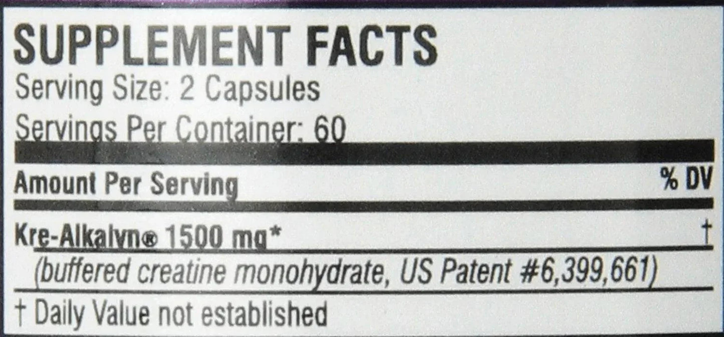 Nahrungsergänzungsmittel Etikett mit Kre-Alkalyn® 1500 mg, 2 Kapseln pro Portion, 60 Portionen