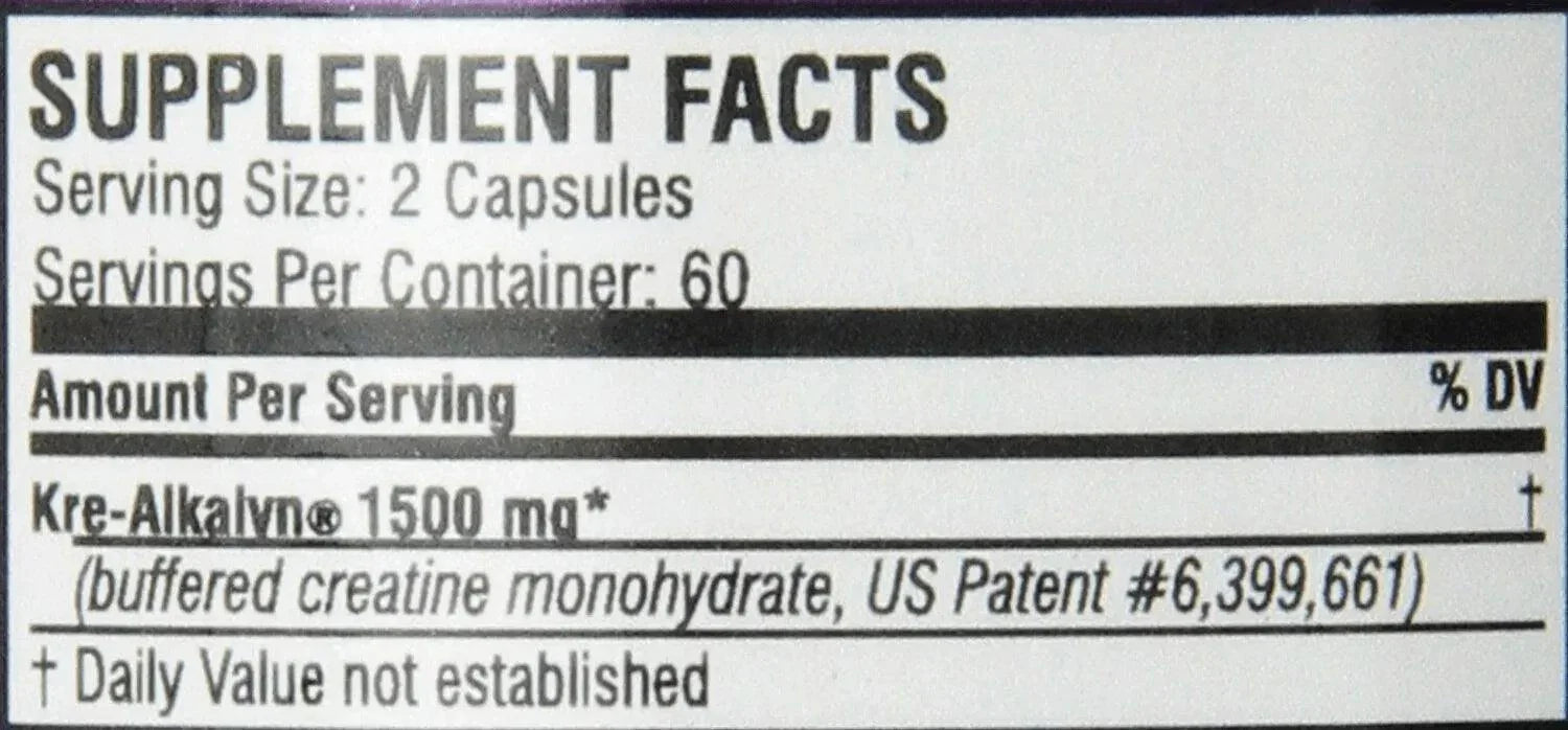 Nahrungsergänzungsmittel Etikett mit Kre-Alkalyn® 1500 mg, 2 Kapseln pro Portion, 60 Portionen