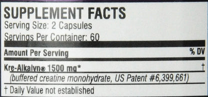 Nahrungsergänzungsmittel Etikett mit Kre-Alkalyn® 1500 mg, 2 Kapseln pro Portion, 60 Portionen