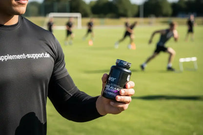 Mann hält EFX Pre-Alkalyn Nahrungsergänzungsmittel auf Sportplatz, ideal für Athleten und Training