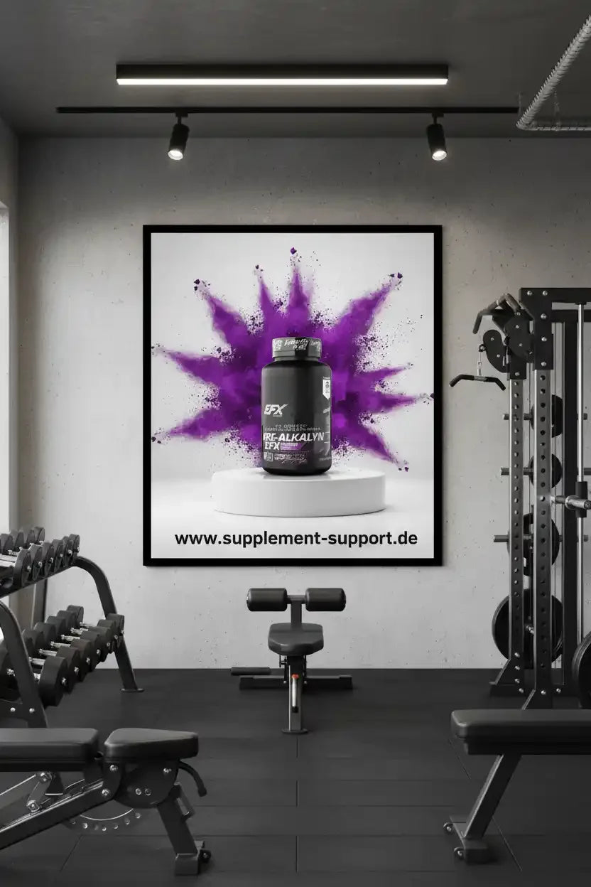 EFX Re-Alkalyn Nahrungsergänzungsmittel im Fitnessstudio mit Protein- und Booster-Produkten