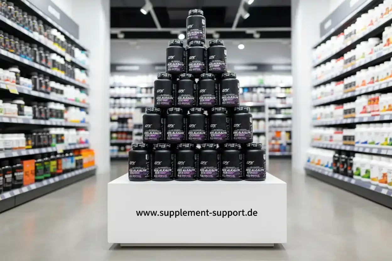 Pyramide aus EPX 100% Alkalin EFX Nahrungsergänzungsmitteln im Supplement-Shop