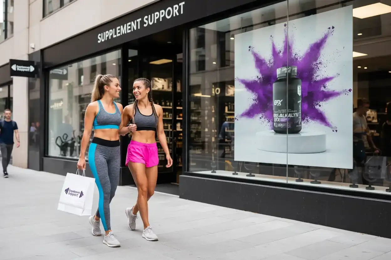Zwei Frauen in Sportkleidung vor Supplement Support Store mit Protein-Produkt im Schaufenster