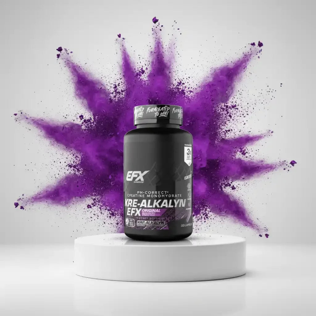 EFX Kre-Alkalyn Kreatin-Monohydrat für Sportler, hochwertige Nahrungsergänzung mit lila Pulver-Explosion