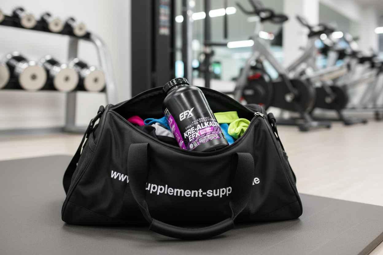 Schwarze Fitness-Tasche mit EFX Kreatin und Sportkleidung im Gym – ideal für Nahrungsergänzung und Training