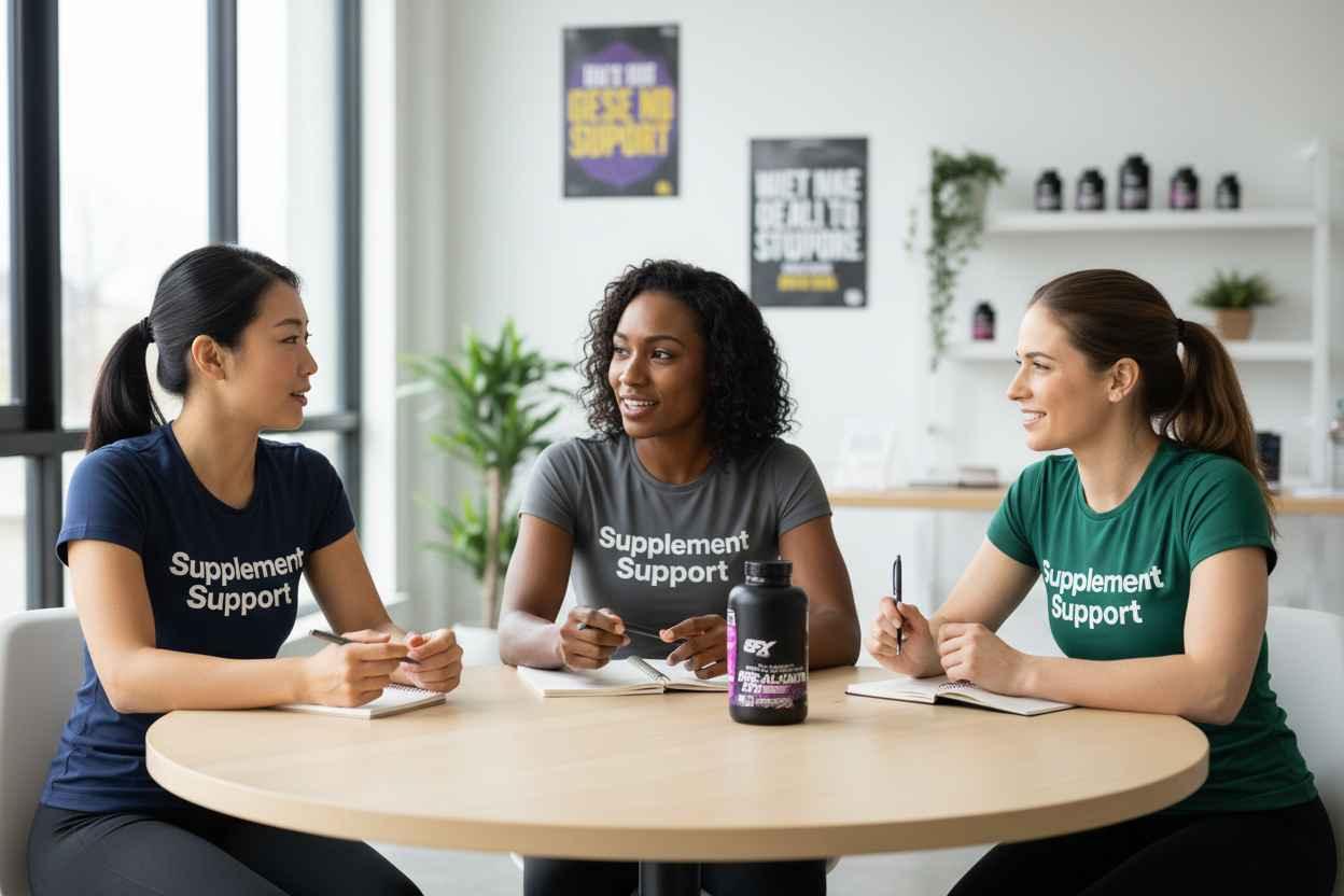 Drei Frauen mit Supplement Support Shirts besprechen Nahrungsergänzungsmittel am Tisch