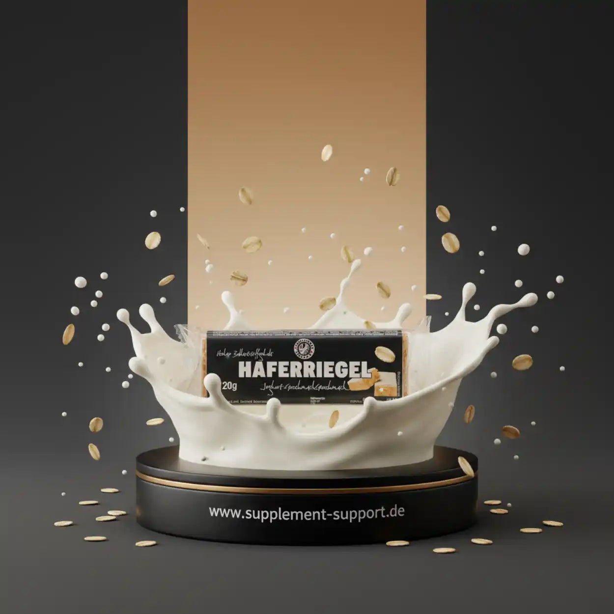 Haferriegel mit Joghurt-Geschmack, 20g, umgeben von Milchspritzern und Haferflocken – ideal für Sport & Ernährung