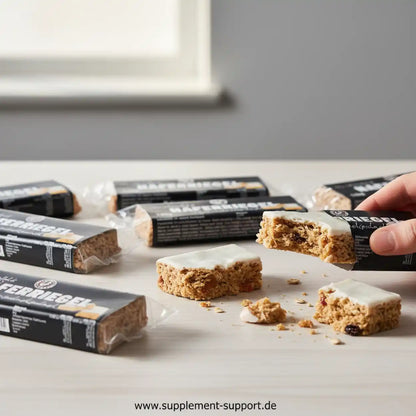 Haferriegel mit weißer Glasur, Proteinriegel für Sportler, Nahrungsergänzungsmittel