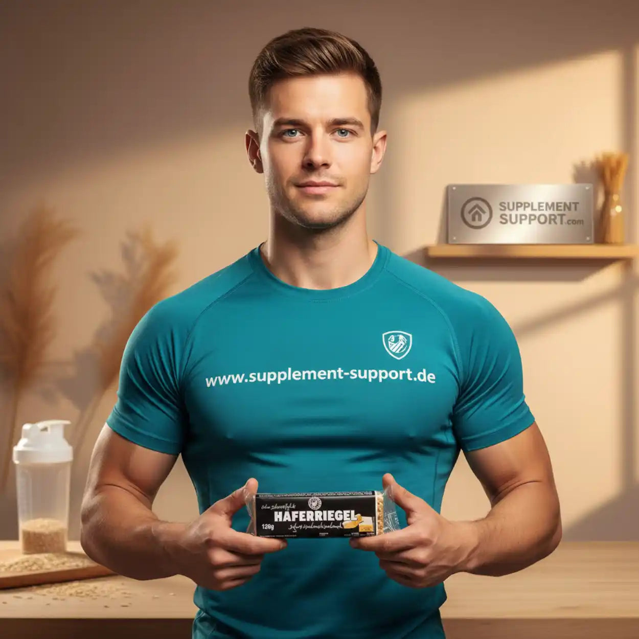 Muskulöser Mann hält Haferriegel – Protein & Sportnahrung von Supplement Support