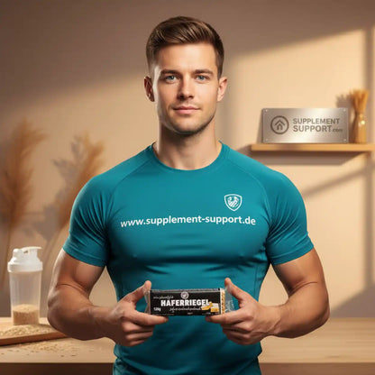 Muskulöser Mann hält Haferriegel – Protein & Sportnahrung von Supplement Support