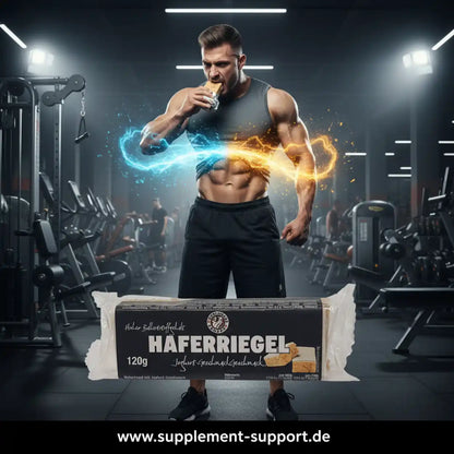Muskulöser Mann isst Haferriegel im Fitnessstudio – Proteinriegel für Sportler & Training
