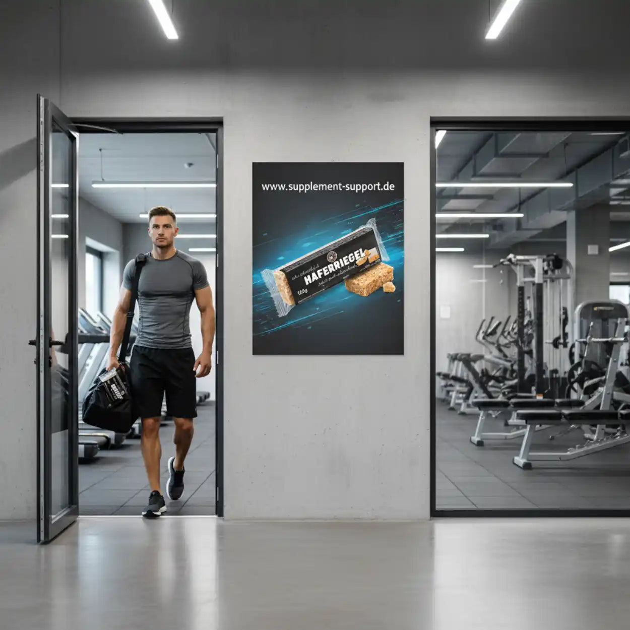 Muskulöser Mann im Fitnessstudio mit Haferriegel Werbeplakat – Protein, Booster, Vitamine