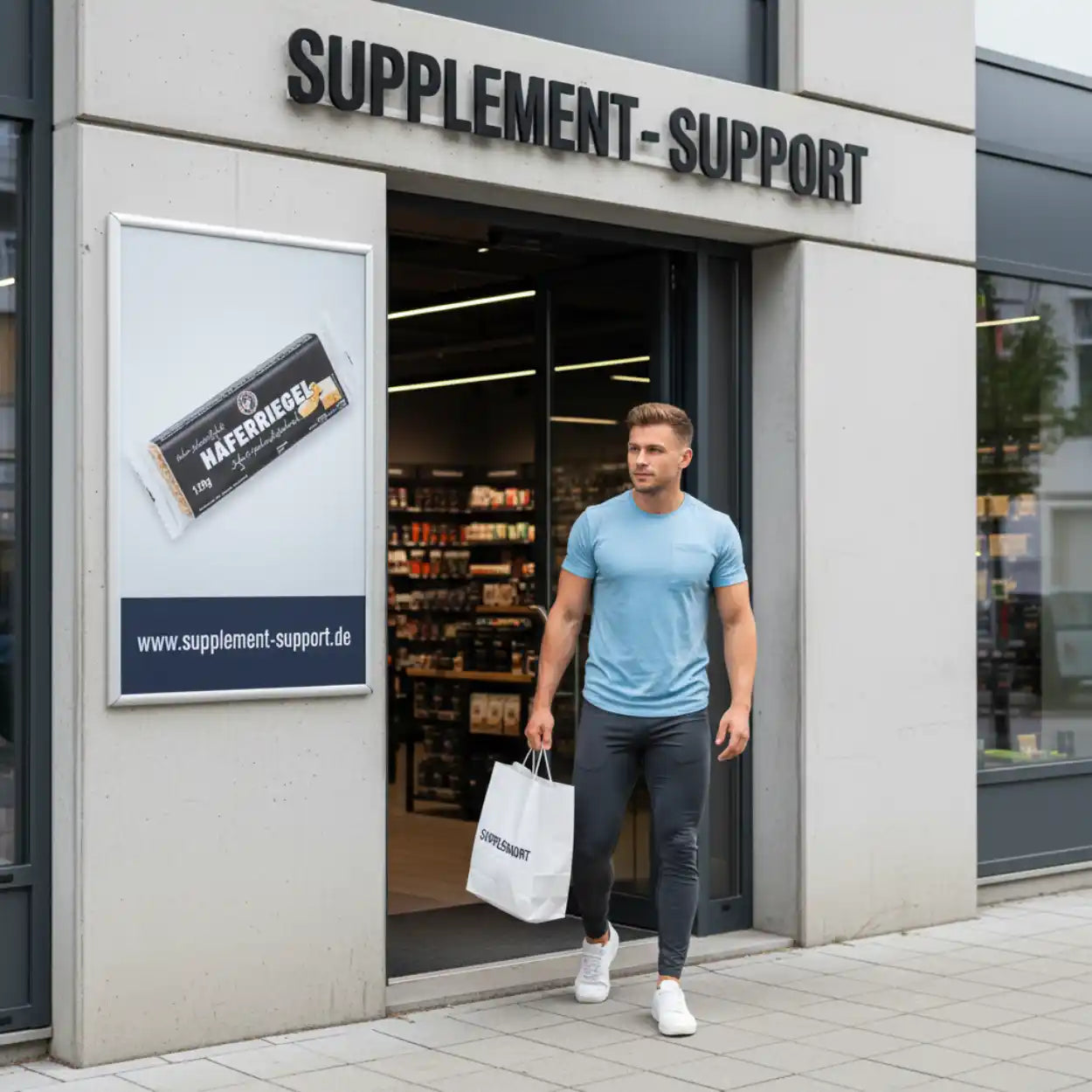 Muskulöser Mann mit Einkaufstüte vor Supplement-Support-Laden, Proteinriegel Werbung