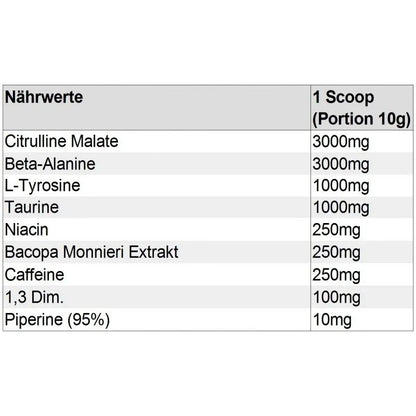 Nährwerttabelle eines Sport-Supplements mit Citrulline Malate, Beta-Alanin und Koffein.