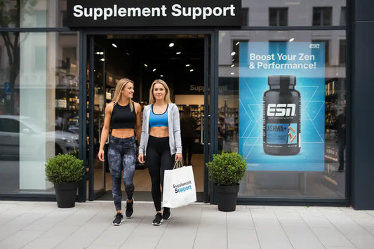 Zwei sportliche Frauen verlassen das Supplement Support Geschäft mit Einkaufstasche, ESN Ashwa+ Werbung im Hintergrund.