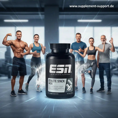 ESN Athlete Stack for Men Nahrungsergänzungsmittel im Fitnessstudio mit sportlichen Menschen