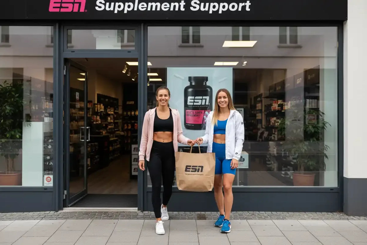 Zwei Frauen mit ESN Supplement Support Einkaufstasche vor Sportnahrungsgeschäft