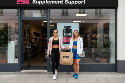 Zwei Frauen mit ESN Supplement Support Einkaufstasche vor Sportnahrungsgeschäft