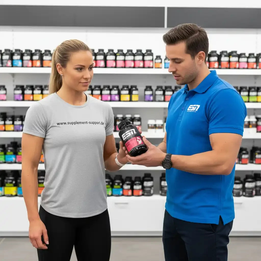 Mann und Frau mit ESN Protein-Booster in Supplement-Shop, Nahrungsergänzungsmittel für Sportler