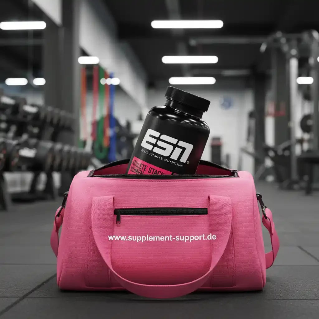 Pink Fitness-Tasche mit ESN Nahrungsergänzungsmittel im Gym – Protein, Booster, Vitamine