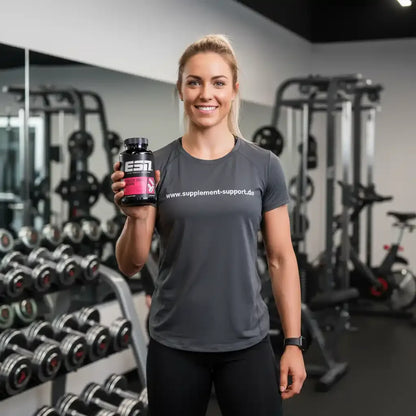 Frau im Fitnessstudio mit ESN Protein-Booster, Nahrungsergänzungsmittel für Sportler