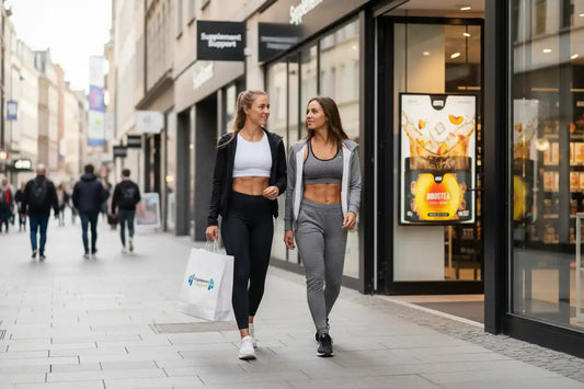 Zwei sportliche Frauen in Sportkleidung vor Supplement Support Geschäft, Einkaufstüte, Boostea Werbung