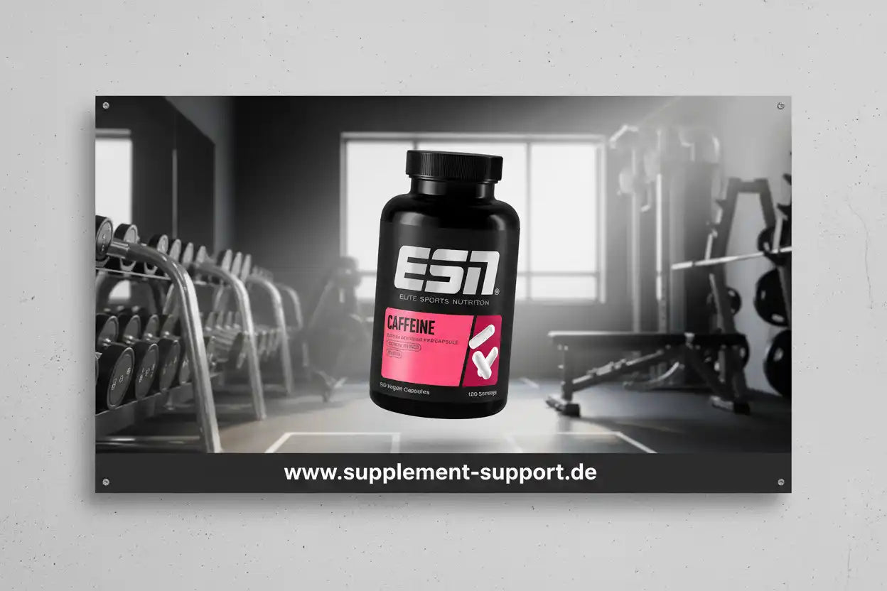 Schwarze Koffeinkapsel-Dose vor Fitnessstudio mit Hanteln und Trainingsgeräten