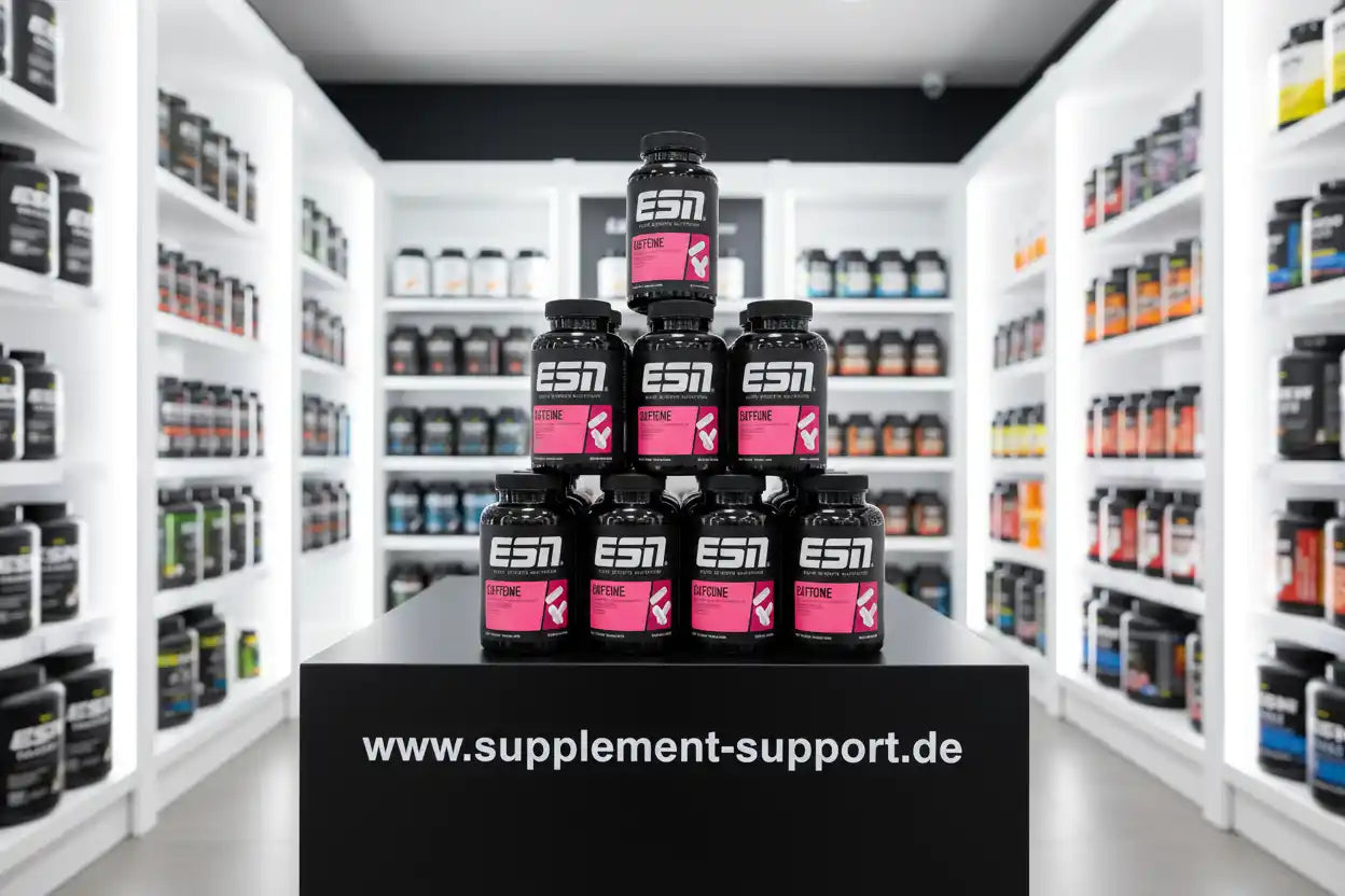 ESN Koffein Kapseln Supplement, 200mg, vegan, im Regal eines Nahrungsergänzungsmittel-Shops