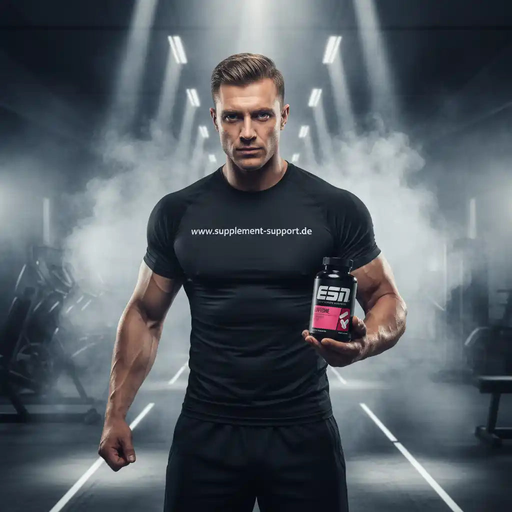 Muskelbepackter Mann hält vegane Koffein-Kapseln im Fitnessstudio, Sportnahrung Supplement