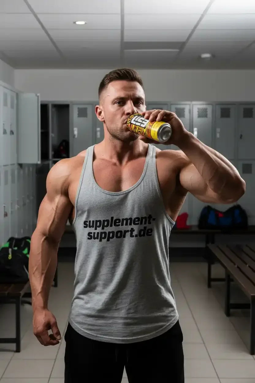 Muskulöser Mann trinkt Protein-Booster im Fitnessstudio, Supplement Support