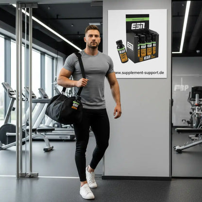 Muskulöser Mann mit ESN Trainingsbag im Fitnessstudio, neben ESN Energy Shot Werbung