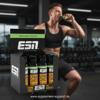 ESN Crank Shot Pre Workout in Green Apple Flavor, getrunken im Fitnessstudio