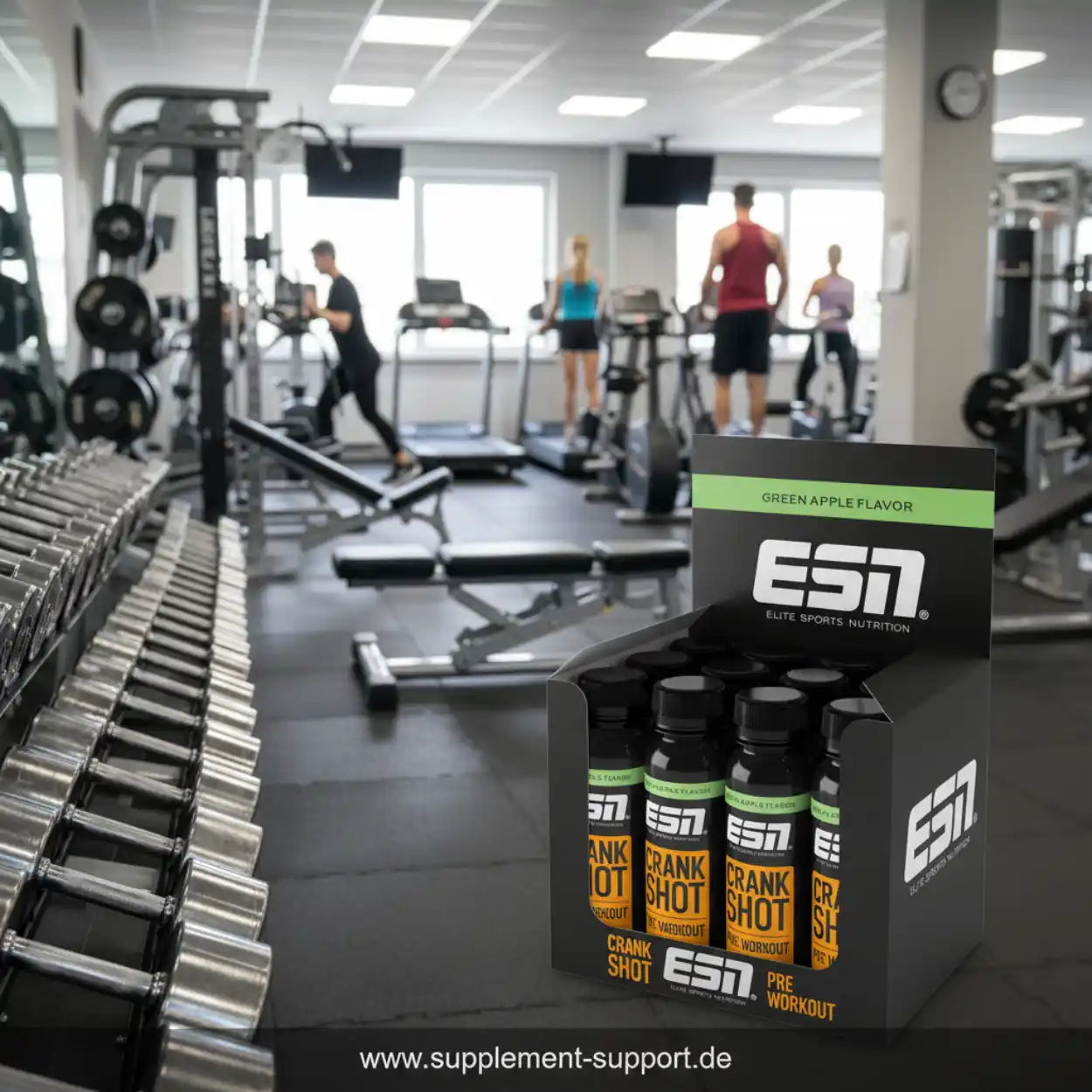 ESN Crank Shot Pre Workout in Green Apple Flavor im Fitnessstudio
