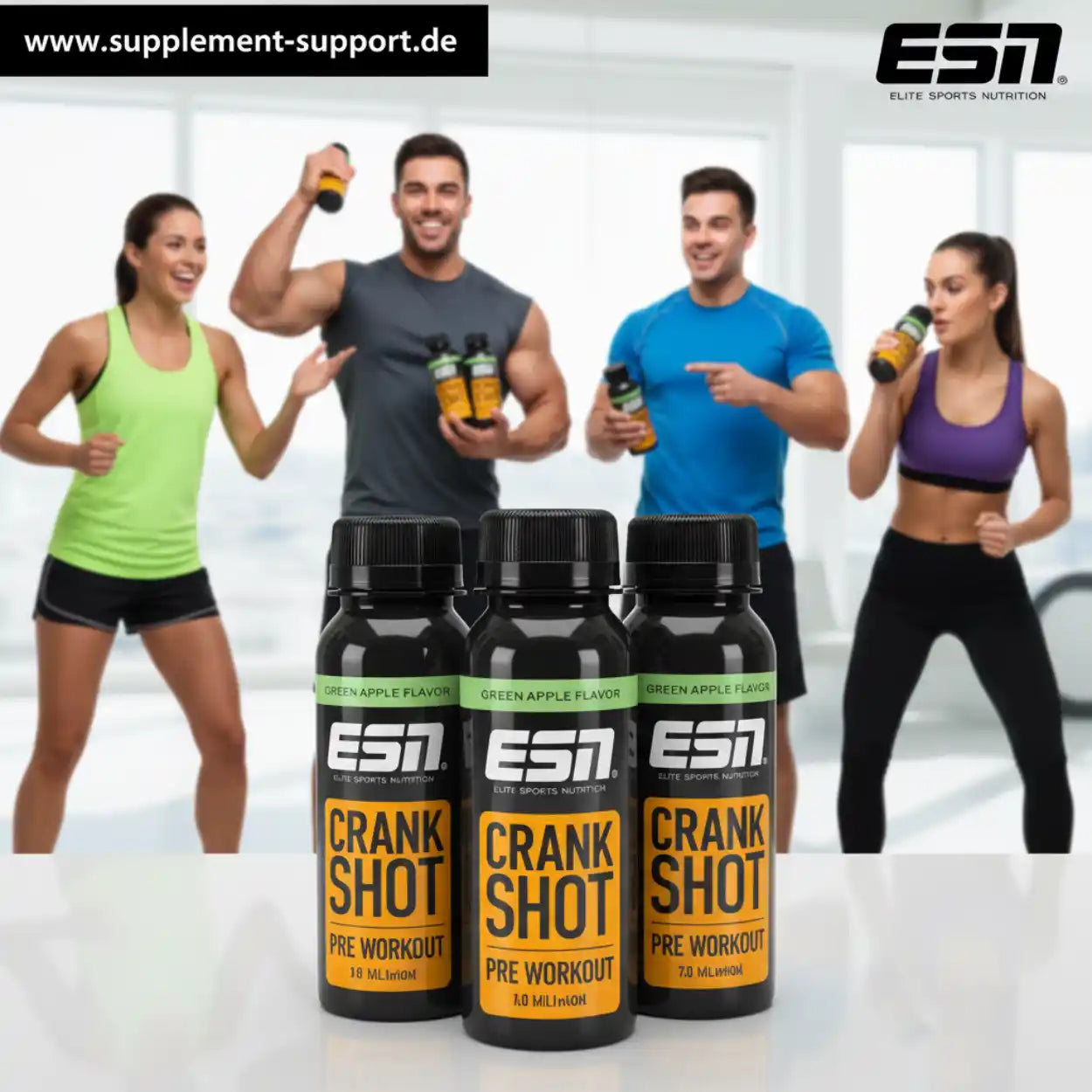 ESN Crank Shot Pre Workout in Green Apple Flavor, ideal für Sport und Fitness, mit Athleten im Hintergrund