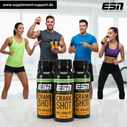 ESN Crank Shot Pre Workout in Green Apple Flavor, ideal für Sport und Fitness, mit Athleten im Hintergrund