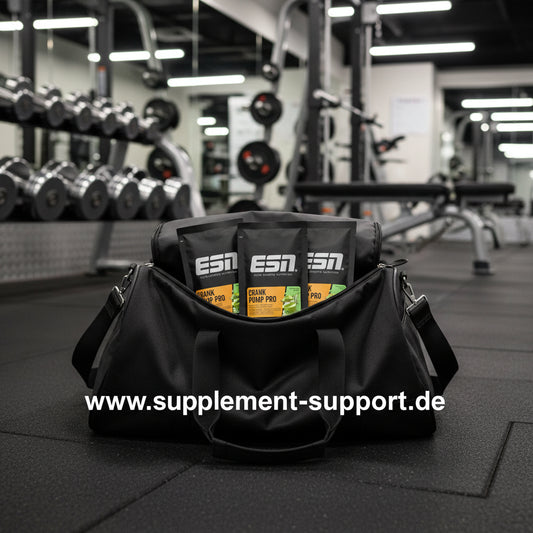 Booster Probe ESN Crank Pump Pro im Fitnessstudio, Sportnahrung für Training, Tasche mit Supplements