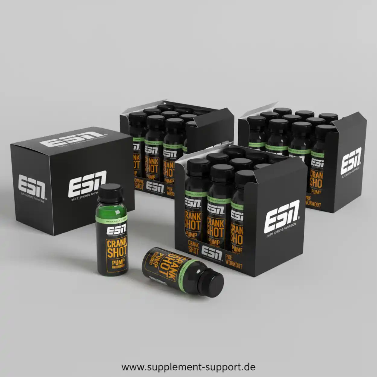 ESN Crank Shot Pump Pre Workout Shots in schwarzen Boxen, Sportnahrung für Fitness und Training