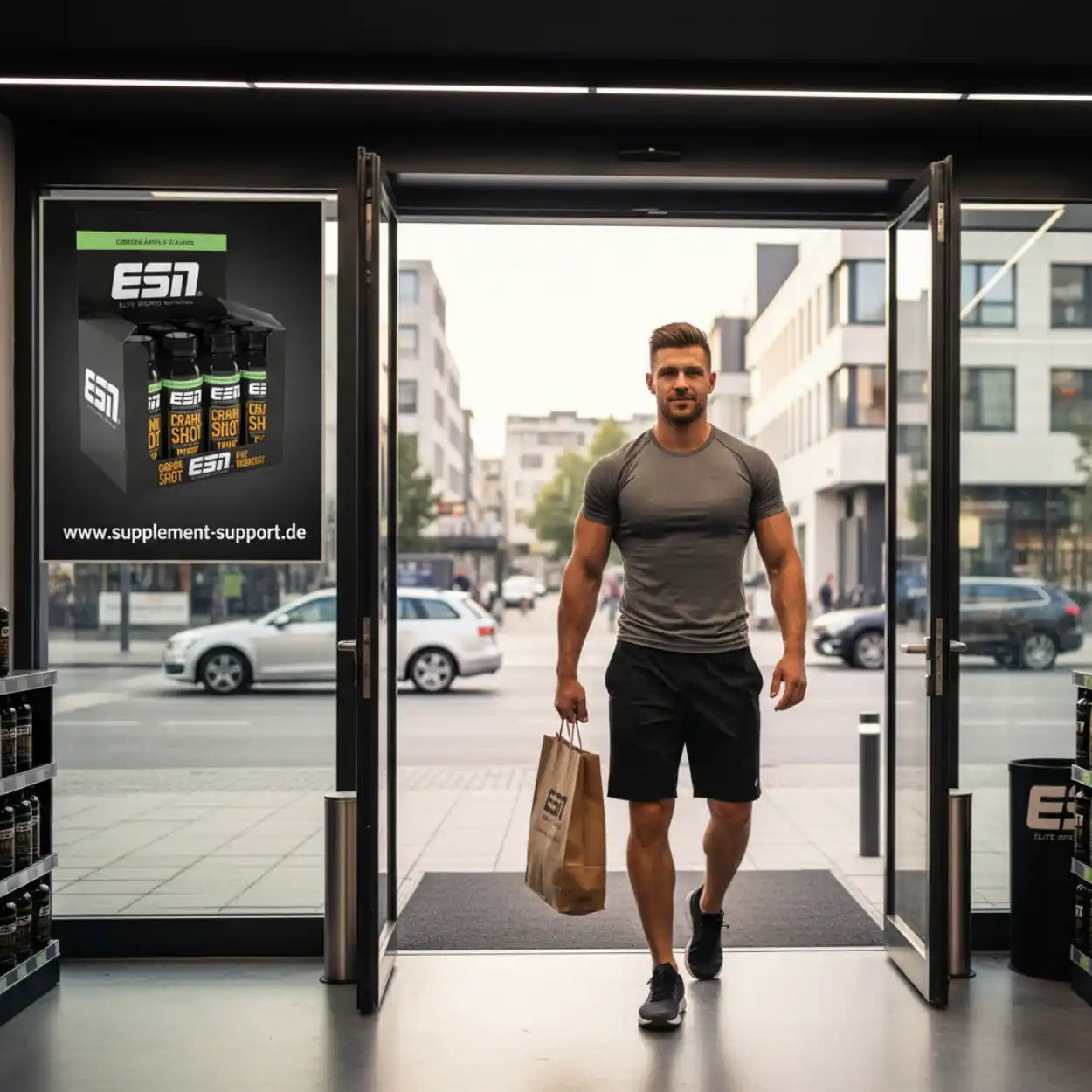Muskulöser Mann mit ESN-Produkten verlässt Supplement-Store – Protein, Booster, Vitamine