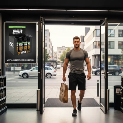 Muskulöser Mann mit ESN-Produkten verlässt Supplement-Store – Protein, Booster, Vitamine