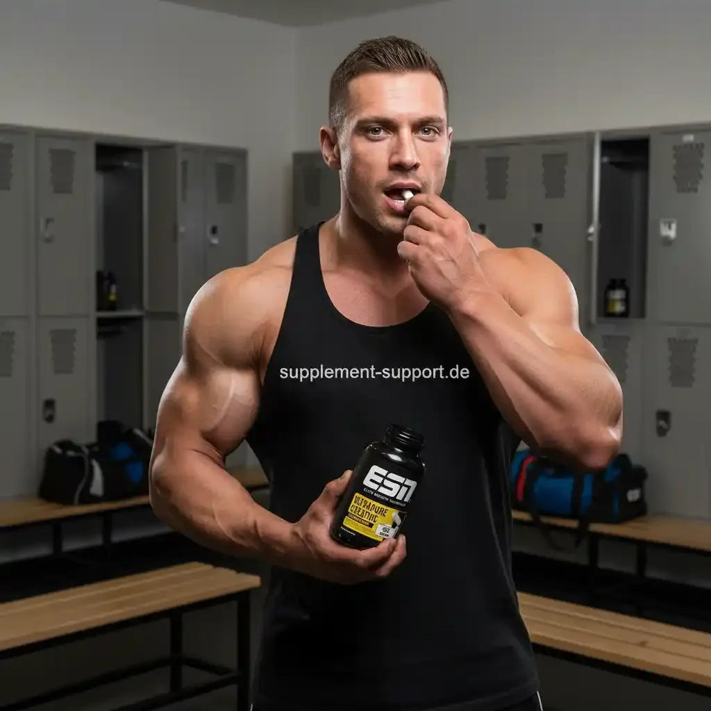 Muskulöser Mann nimmt Kreatin-Tablette ein, hält ESN Ultra Pure Kreatin-Flasche im Fitness-Studio
