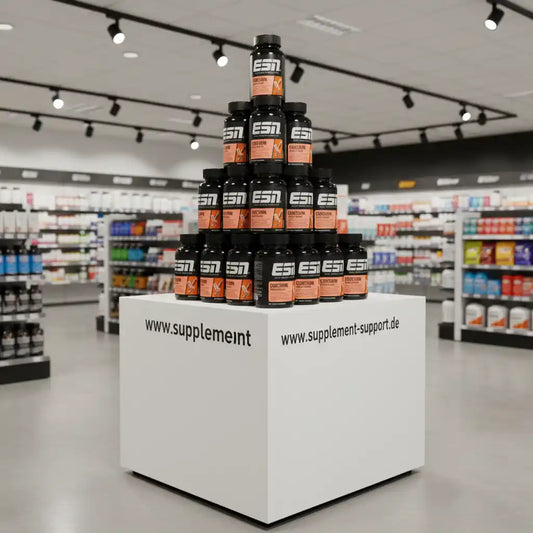 Mehrere Curcumin-Kapsel-Dosen auf weißem Podest im modernen Supplement-Shop