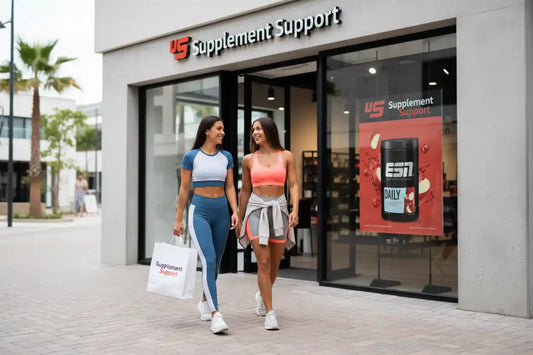 Zwei sportlich gekleidete Frauen vor Supplement Support Laden, Einkaufstasche und ESN Daily Poster sichtbar