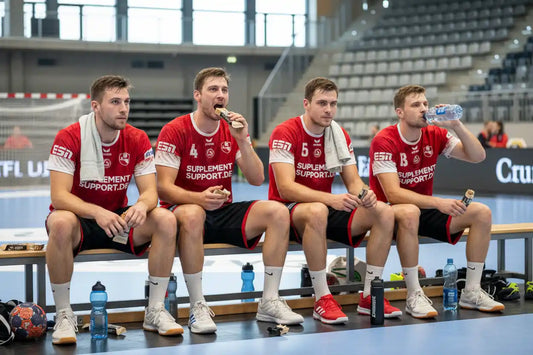 Vier Handballspieler mit Proteinriegeln und Wasserflaschen auf einer Bank in einer Sporthalle