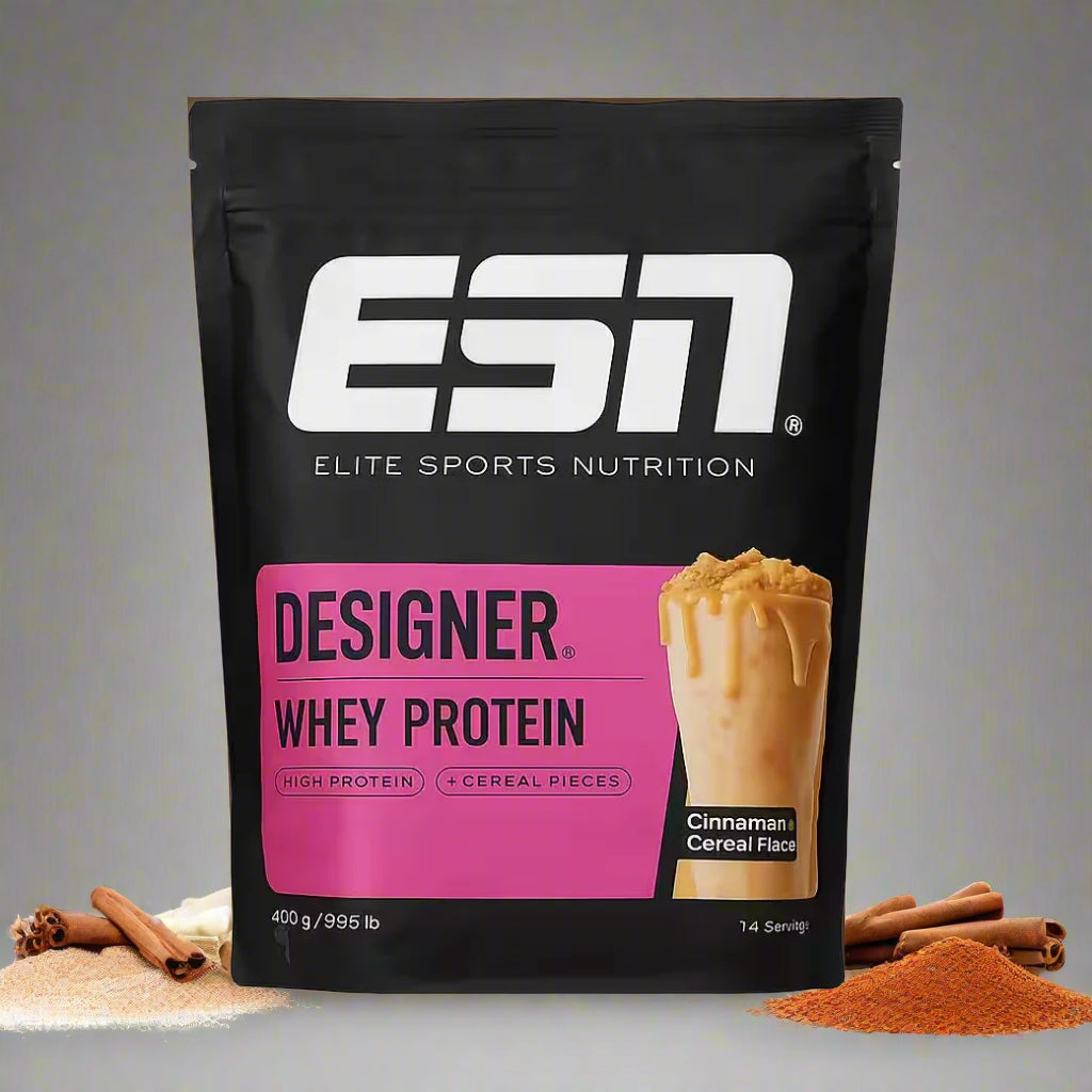 ESN Designer Whey Protein mit Zimt-Cereal-Flavour, hochwertige Sportnahrung mit Protein und Getreidestückchen