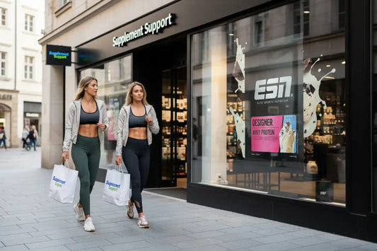 Zwei sportliche Frauen mit Einkaufstaschen vor Supplement Support Geschäft und Whey Protein Werbung