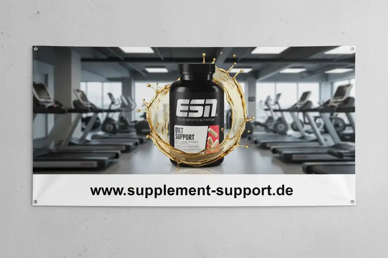 ESN Diet Support Nahrungsergänzung im Fitnessstudio mit goldenem Splash, ideal für Sportler und Fitness-Enthusiasten