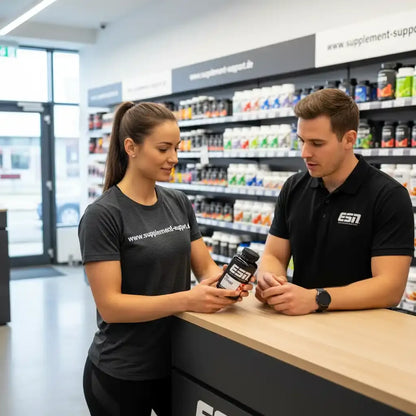 Mitarbeiter beraten Kundin zu ESN Protein im Supplement-Shop