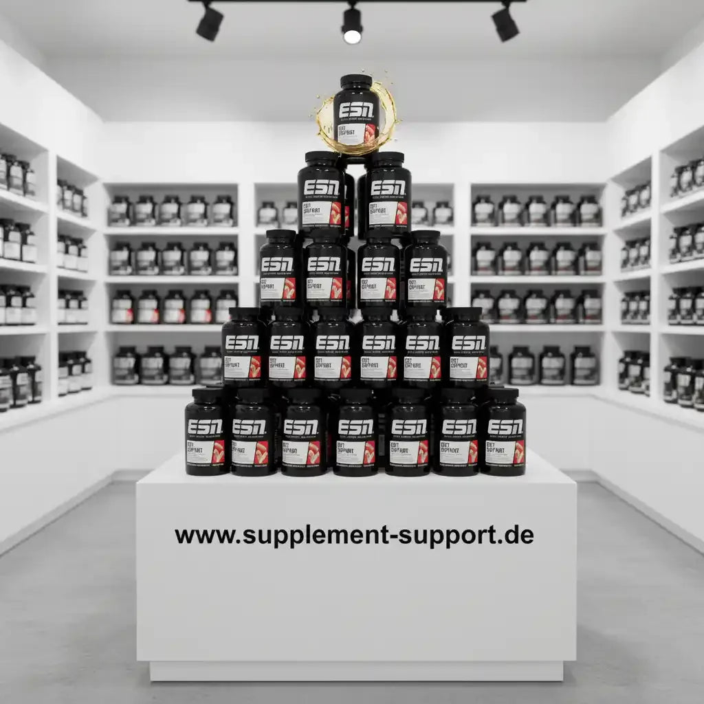 ESN Protein- und Nahrungsergänzungsmittel in Pyramidenform im Shop präsentiert