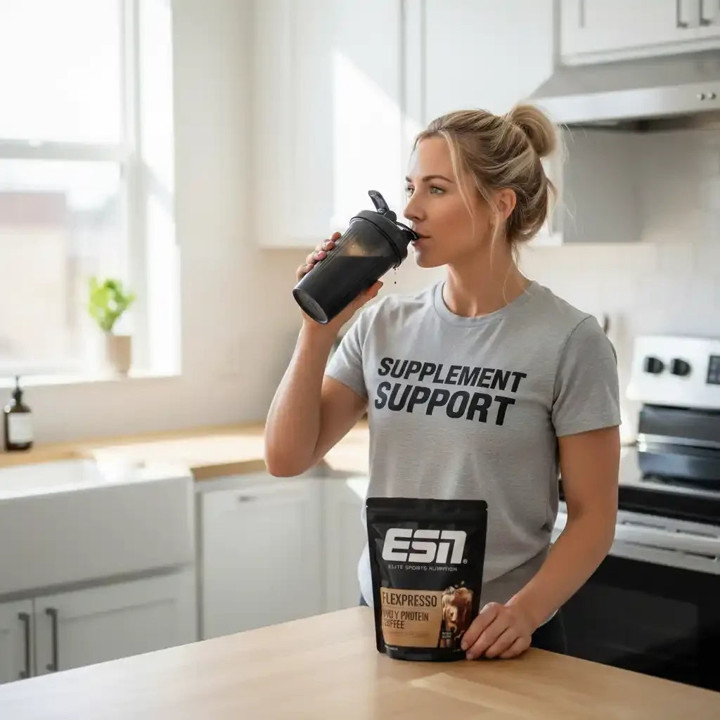 Frau trinkt Proteinshake aus Shaker, neben ESN Flexpresso Protein Coffee Beutel in Küche